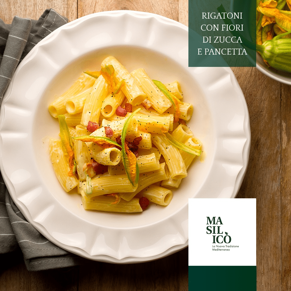 PASTA con fiori di zucca e pancetta