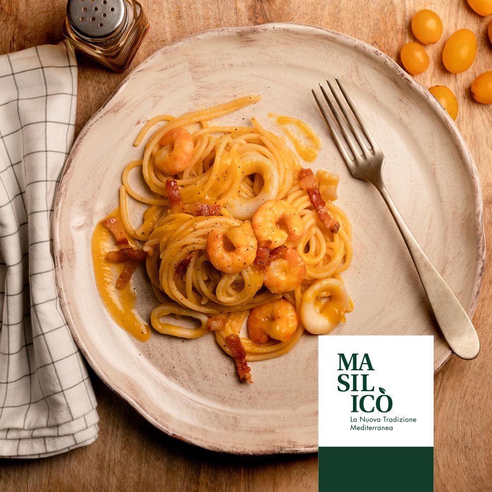 SPAGHETTONI CON PASSATA DI POMODORINI GIALLI,GAMBERI E GUANCIALE