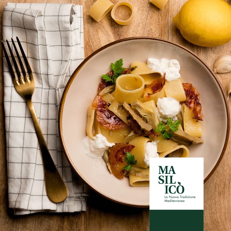 Calamarata ai carciofi bacon e burrata